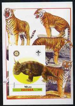 Eritrea 2005 Dinosaurs #02 - Elginia imperf m/sheet with Scout & Rotary Logos, background shows Tigers unmounted mint, stamps on , stamps on  stamps on scouts, stamps on  stamps on rotary, stamps on  stamps on dinosaurs, stamps on  stamps on animals, stamps on  stamps on tigers, stamps on  stamps on cats