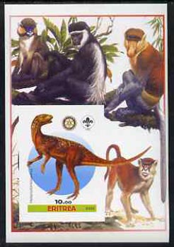 Eritrea 2005 Dinosaurs #04 - Heterodontosaurus imperf m/sheet with Scout & Rotary Logos, background shows various Apes unmounted mint, stamps on , stamps on  stamps on scouts, stamps on  stamps on rotary, stamps on  stamps on dinosaurs, stamps on  stamps on animals, stamps on  stamps on apes