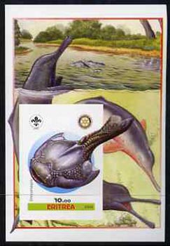 Eritrea 2005 Dinosaurs #06 - Drepanaspis imperf m/sheet with Scout & Rotary Logos, background shows Dolphins unmounted mint, stamps on scouts, stamps on rotary, stamps on dinosaurs, stamps on fish, stamps on marine life, stamps on whales