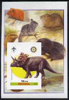 Eritrea 2005 Dinosaurs #07 - Chasmosaurus imperf m/sheet with Scout & Rotary Logos, background shows various Rodents unmounted mint, stamps on , stamps on  stamps on scouts, stamps on  stamps on rotary, stamps on  stamps on dinosaurs, stamps on  stamps on animals, stamps on  stamps on rodents