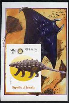 Somalia 2005 Dinosaurs #01 - Talarurus imperf m/sheet with Scout & Rotary Logos, background shows various Fish unmounted mint, stamps on , stamps on  stamps on scouts, stamps on  stamps on rotary, stamps on  stamps on dinosaurs, stamps on  stamps on animals, stamps on  stamps on fish