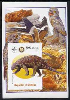 Somalia 2005 Dinosaurs #02 - Ankylosaurus imperf m/sheet with Scout & Rotary Logos, background shows various Birds unmounted mint, stamps on scouts, stamps on rotary, stamps on dinosaurs, stamps on animals, stamps on birds