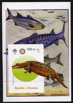 Somalia 2005 Dinosaurs #03 - Peltobatrachus imperf m/sheet with Scout & Rotary Logos, background shows various Fish unmounted mint, stamps on , stamps on  stamps on scouts, stamps on  stamps on rotary, stamps on  stamps on dinosaurs, stamps on  stamps on animals, stamps on  stamps on reptiles, stamps on  stamps on fish