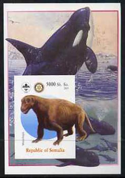 Somalia 2005 Dinosaurs #04 - Moschops imperf m/sheet with Scout & Rotary Logos, background shows Whales unmounted mint, stamps on scouts, stamps on rotary, stamps on dinosaurs, stamps on animals, stamps on whales