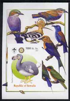 Somalia 2005 Dinosaurs #05 - Raphus cucullatus imperf m/sheet with Scout & Rotary Logos, background shows various Birds unmounted mint, stamps on , stamps on  stamps on scouts, stamps on  stamps on rotary, stamps on  stamps on dinosaurs, stamps on  stamps on animals, stamps on  stamps on birds