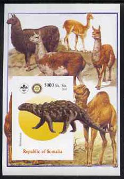 Somalia 2005 Dinosaurs #09 - Silvisaurus imperf m/sheet with Scout & Rotary Logos, background shows Llamas & Camels unmounted mint