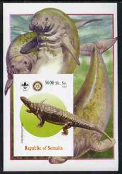 Somalia 2005 Dinosaurs #10 - Desmatosuchus imperf m/sheet with Scout & Rotary Logos, background shows Seals unmounted mint, stamps on , stamps on  stamps on scouts, stamps on  stamps on rotary, stamps on  stamps on dinosaurs, stamps on  stamps on animals, stamps on  stamps on reptiles, stamps on  stamps on marine life