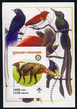 Madagascar 2005 Dinosaurs #01 - Parasaurolophus imperf m/sheet with Scout & Rotary Logos, background shows Birds of Paradise unmounted mint, stamps on , stamps on  stamps on scouts, stamps on  stamps on rotary, stamps on  stamps on dinosaurs, stamps on  stamps on animals, stamps on  stamps on birds, stamps on  stamps on birds of paradise