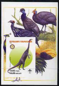 Madagascar 2005 Dinosaurs #02 - Massospondylus imperf m/sheet with Scout & Rotary Logos, background shows various Fowl unmounted mint, stamps on , stamps on  stamps on scouts, stamps on  stamps on rotary, stamps on  stamps on dinosaurs, stamps on  stamps on animals, stamps on  stamps on birds