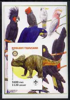 Madagascar 2005 Dinosaurs #04 - Montanoceratops imperf m/sheet with Scout & Rotary Logos, background shows various Cockatoos unmounted mint, stamps on , stamps on  stamps on scouts, stamps on  stamps on rotary, stamps on  stamps on dinosaurs, stamps on  stamps on animals, stamps on  stamps on birds, stamps on  stamps on parrots