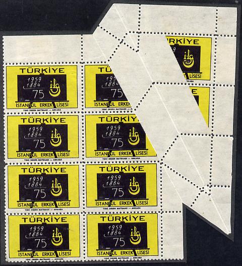 Turkey 1959 Boys High School (Blackboard) corner block of 8 with superb pre-printing paper fold opening out with 30mm white band with crazy perfs (mounted mint), stamps on education, stamps on science