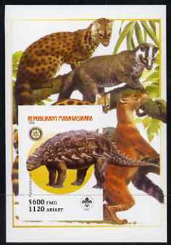 Madagascar 2005 Dinosaurs #05 - Hylaeosaurus imperf m/sheet with Scout & Rotary Logos, background shows various Big Cats unmounted mint, stamps on , stamps on  stamps on scouts, stamps on  stamps on rotary, stamps on  stamps on dinosaurs, stamps on  stamps on animals, stamps on  stamps on cats