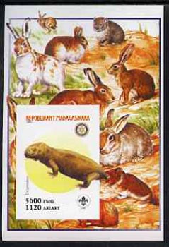 Madagascar 2005 Dinosaurs #07 - Dicynodon imperf m/sheet with Scout & Rotary Logos, background shows various Rabbits unmounted mint, stamps on , stamps on  stamps on scouts, stamps on  stamps on rotary, stamps on  stamps on dinosaurs, stamps on  stamps on animals, stamps on  stamps on rabbits