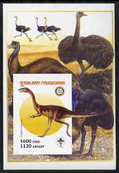 Madagascar 2005 Dinosaurs #08 - Elaphrosaurus imperf m/sheet with Scout & Rotary Logos, background shows Ostriches unmounted mint, stamps on , stamps on  stamps on scouts, stamps on  stamps on rotary, stamps on  stamps on dinosaurs, stamps on  stamps on animals, stamps on  stamps on birds