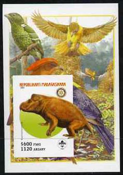 Madagascar 2005 Dinosaurs #09 - Kannemeyeria imperf m/sheet with Scout & Rotary Logos, background shows various Birds unmounted mint, stamps on scouts, stamps on rotary, stamps on dinosaurs, stamps on animals, stamps on birds