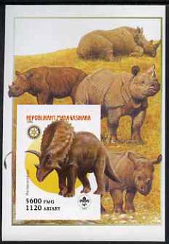 Madagascar 2005 Dinosaurs #11 - Pentaceratops imperf m/sheet with Scout & Rotary Logos, background shows Rhinos unmounted mint, stamps on , stamps on  stamps on scouts, stamps on  stamps on rotary, stamps on  stamps on dinosaurs, stamps on  stamps on animals, stamps on  stamps on rhinos