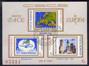 Rumania 1981 Conference for Security & Co-operation in Europe, imperf m/sheet fine used, Mi BL183, stamps on , stamps on  stamps on europa, stamps on  stamps on aviation, stamps on  stamps on maps