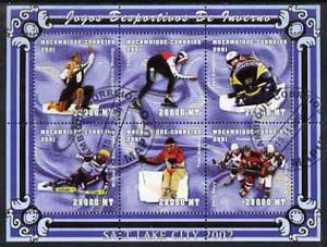 Mozambique 2001 Salt Lake Winter Olympics perf sheetlet #1 containing 6 values fine cto used Mi 1976-81, stamps on olympics, stamps on ice skating, stamps on bobsled, stamps on skiing, stamps on ice hockey