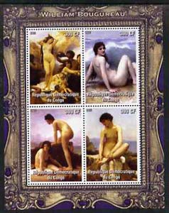 Congo 2005 Nude Paintings by Bougureau perf sheetlet containing 4 values unmounted mint, stamps on arts, stamps on nudes, stamps on bougureau
