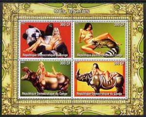 Congo 2005 Nude Pin-Up Paintings by Mel Ramos #4 perf sheetlet containing 4 values unmounted mint (Models with Animals), stamps on arts, stamps on nudes, stamps on ramos, stamps on animals, stamps on pandas, stamps on rhinos, stamps on hippo, stamps on 