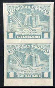 Paraguay 1952 Columbus Memorial - Lighthouse 1g turquoise IMPERF pair (gum slightly disturbed) as SG 707, stamps on , stamps on  stamps on lighthouses, stamps on  stamps on columbus, stamps on  stamps on explorers