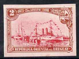 Uruguay 1908 Cruiser Montevideo 2c imperf colour trial in red & red-brown on ugummed paper as SG 280, stamps on ships
