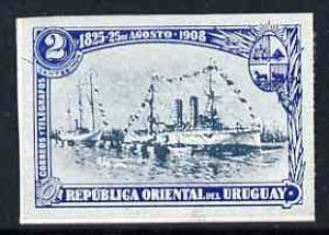 Uruguay 1908 Cruiser Montevideo 2c imperf colour trial in blue-green & blue on ugummed paper as SG 280, stamps on ships