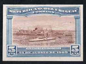 Uruguay 1909 Cruiser in Port Montevideo 5c imperf colour trial proof in red-brown & blue on enamelled card, as SG 283, stamps on , stamps on  stamps on ships, stamps on  stamps on ports