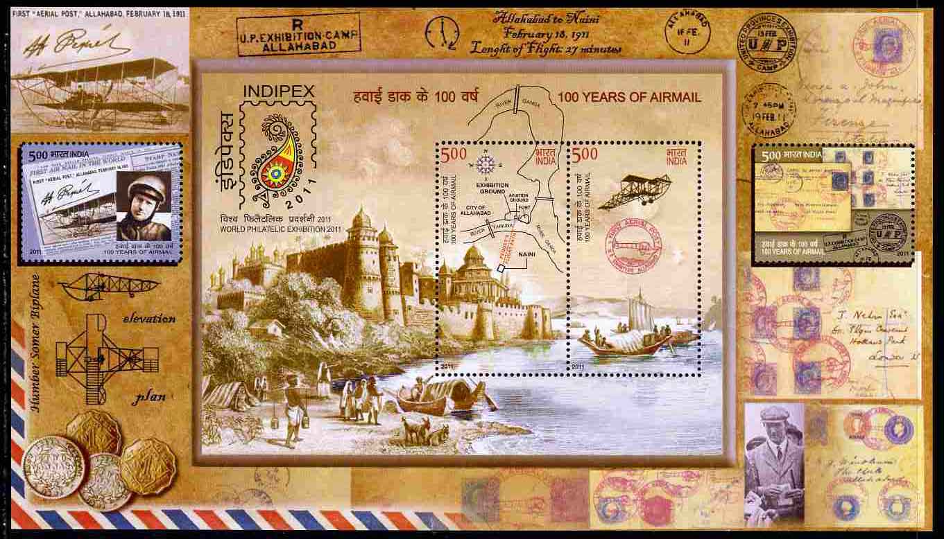 India 2011 100 Years of Airmail perf m/sheet unmounted mint, stamps on postal, stamps on aviation, stamps on coins, stamps on stamp on stamp, stamps on stamponstamp, stamps on stamp exhibitions