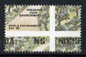 Nigeria 1993 World Environment Day 5n Forest Road with vert & horiz perfs misplaced, divided along perfs to show portions of 4 stamps unmounted mint, SG 657var*, stamps on , stamps on  stamps on environment, stamps on  stamps on roads, stamps on  stamps on trees