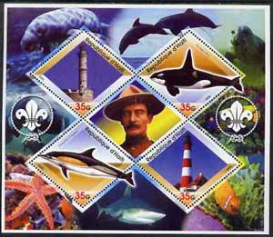 Haiti 2005 Dolphins, Marine Life & Lighthouses perf sheetlet containing 4 diamond shaped values plus label showing Baden Powell, unmounted mint, stamps on , stamps on  stamps on dolphins, stamps on  stamps on whales, stamps on  stamps on marine life, stamps on  stamps on lighthouses, stamps on  stamps on scouts