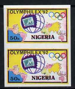 Nigeria 1992 'Olymphilex 92' Olympic Stamp Exhibition 50k imperf pair unmounted mint, SG 630var, stamps on , stamps on  stamps on stamp exhibitions, stamps on  stamps on olympics, stamps on  stamps on stamp on stamp, stamps on  stamps on stamponstamp