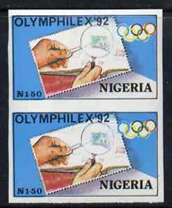 Nigeria 1992 'Olymphilex 92' Olympic Stamp Exhibition 1n50 imperf pair unmounted mint, SG 631var, stamps on , stamps on  stamps on stamp exhibitions, stamps on  stamps on olympics, stamps on  stamps on stamp on stamp, stamps on  stamps on stamponstamp