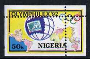 Nigeria 1992 'Olymphilex 92' Olympic Stamp Exhibition 50k with vert & horiz perfs misplaced, divided along margins so stamps are quartered unmounted mint SG 630var, stamps on stamp exhibitions, stamps on olympics, stamps on stamp on stamp, stamps on stamponstamp