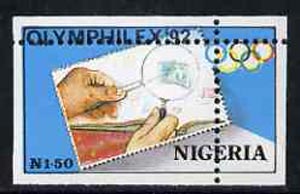 Nigeria 1992 'Olymphilex 92' Olympic Stamp Exhibition 1n50 with vert & horiz perfs misplaced, divided along margins so stamps are quartered unmounted mint SG 631var, stamps on , stamps on  stamps on stamp exhibitions, stamps on  stamps on olympics, stamps on  stamps on stamp on stamp, stamps on  stamps on stamponstamp