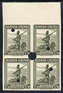 Ruanda-Urundi 1942-43 Askari Sentry 3f50 imperf marginal proof block of 4 in issued colour each each with Waterlow & Sons security punch holes with full gum but very slig..., stamps on militaria