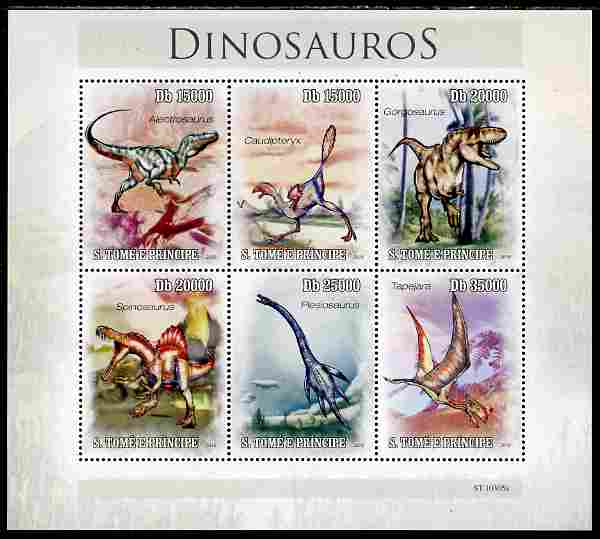 St Thomas & Prince Islands 2010 Dinosaurs perf sheetlet containing 6 values unmounted mint , stamps on dinosaurs