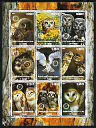 Congo 2003 Owls perf sheetlet containing 9 values each with Rotary Logo unmounted mint, stamps on , stamps on  stamps on birds, stamps on  stamps on birds of prey, stamps on  stamps on rotary, stamps on  stamps on owls, stamps on  stamps on 