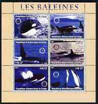 Congo 2003 Whales perf sheetlet #01 (pink border) containing 6 values each with Rotary Logo, unmounted mint, stamps on rotary, stamps on whales, stamps on marine life