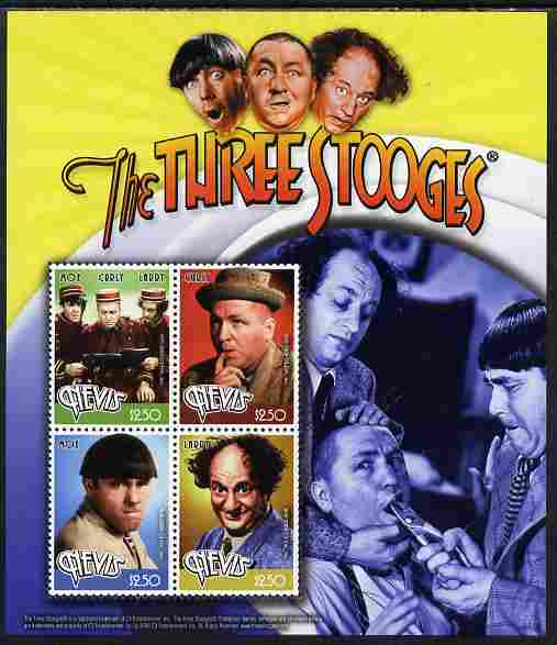 Nevis 2009 The Three Stooges perf sheetlet containing 4 values unmounted mint, stamps on , stamps on  stamps on personalities, stamps on  stamps on films, stamps on  stamps on cinema, stamps on  stamps on movies, stamps on  stamps on comedy