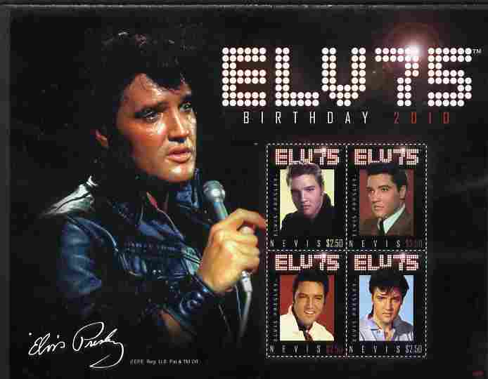 Nevis 2010 75th Birthday of Elvis Presley perf sheetlet containing 4 values unmounted mint, stamps on personalities, stamps on elvis, stamps on music, stamps on films, stamps on cinema, stamps on movies, stamps on pops, stamps on rock