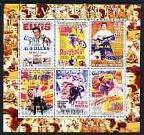 Benin 2003 Elvis Presley #01 perf sheetlet containing 6 values (brown border) unmounted mint, stamps on , stamps on  stamps on personalities, stamps on  stamps on elvis, stamps on  stamps on music, stamps on  stamps on films, stamps on  stamps on movies, stamps on  stamps on motorbikes