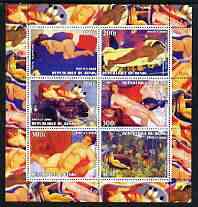 Benin 2003 Nudes in Art #03 perf sheetlet containing 6 values unmounted mint (works by Vallotton, Gauguin, Böcklin, Glackens, Larionov & Rousseau), stamps on arts, stamps on nudes