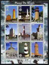 Benin 2003 Lighthouses of Europe perf sheetlet containing 9 values each with Rotary Logo unmounted mint, stamps on , stamps on  stamps on lighthouses, stamps on  stamps on rotary