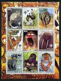 Benin 2003 Wild Animals perf sheetlet containing 9 values each with Scout Logo unmounted mint, stamps on animals, stamps on scouts, stamps on pandas, stamps on bears, stamps on rhinos, stamps on apes, stamps on tigers, stamps on cats