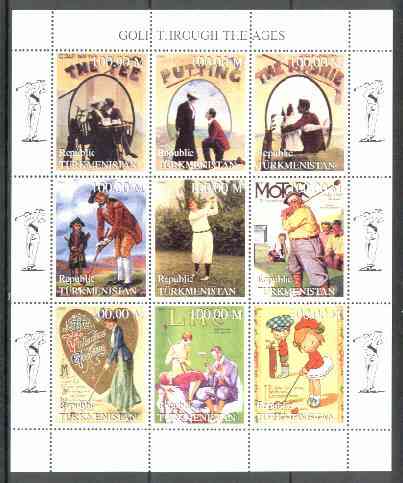 Turkmenistan 1999 Golf Through the Ages perf sheetlet containing set of 9 values unmounted mint, stamps on golf    sport