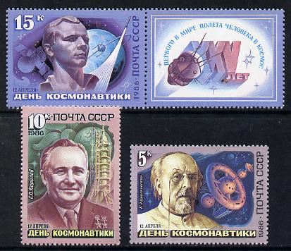 Russia 1986 Cosmonautics Day set of 3 plus label unmounted mint, SG 5639-41, Mi 5591-93*, stamps on space, stamps on deaf, stamps on gagarin