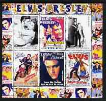 Benin 2003 Elvis Presley Film Posters perf sheetlet containing 6 values unmounted mint, stamps on , stamps on  stamps on personalities, stamps on  stamps on elvis, stamps on  stamps on music, stamps on  stamps on films, stamps on  stamps on movies, stamps on  stamps on motorbikes