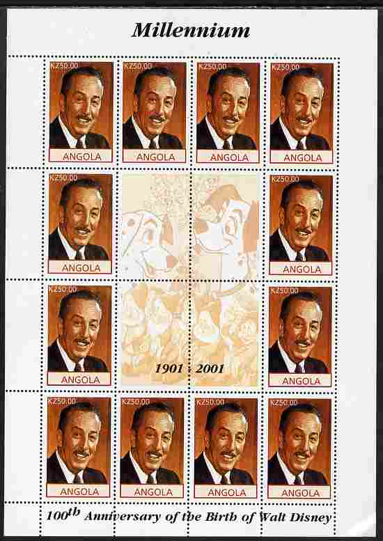 Angola 2001 Centenary of Walt Disney perf sheetlet containing 12 values plus 4 labels unmounted mint, corner wrinkled, stamps on , stamps on  stamps on personalities, stamps on  stamps on disney, stamps on  stamps on films, stamps on  stamps on cinema, stamps on  stamps on movies, stamps on  stamps on dogs