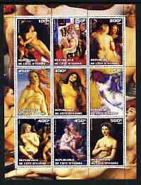 Ivory Coast 2003 Paintings of Nudes perf sheet containing 9 values, unmounted mint (showing works by Carracci, Matisse, Rubens, Botticelli, Munch, Degas, Titian, Boucher ...